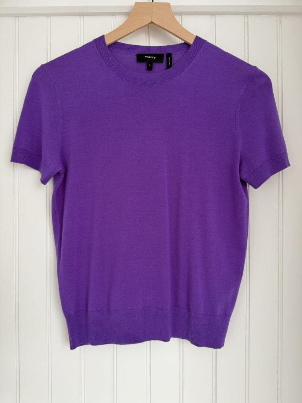 Theory Sweater Tee in Regal Wool — Purple Short Sleeve Crewneck, Size S